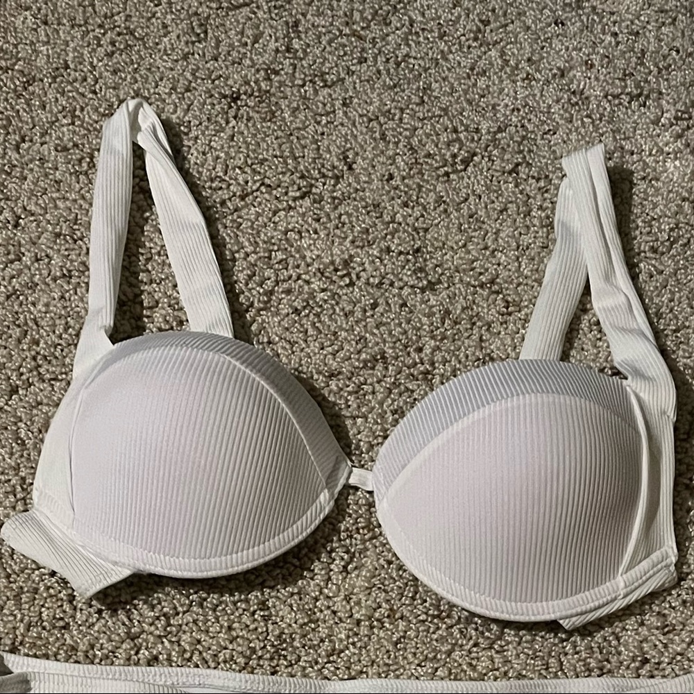 White SHEIN bikini with padded top and high waisted bottoms